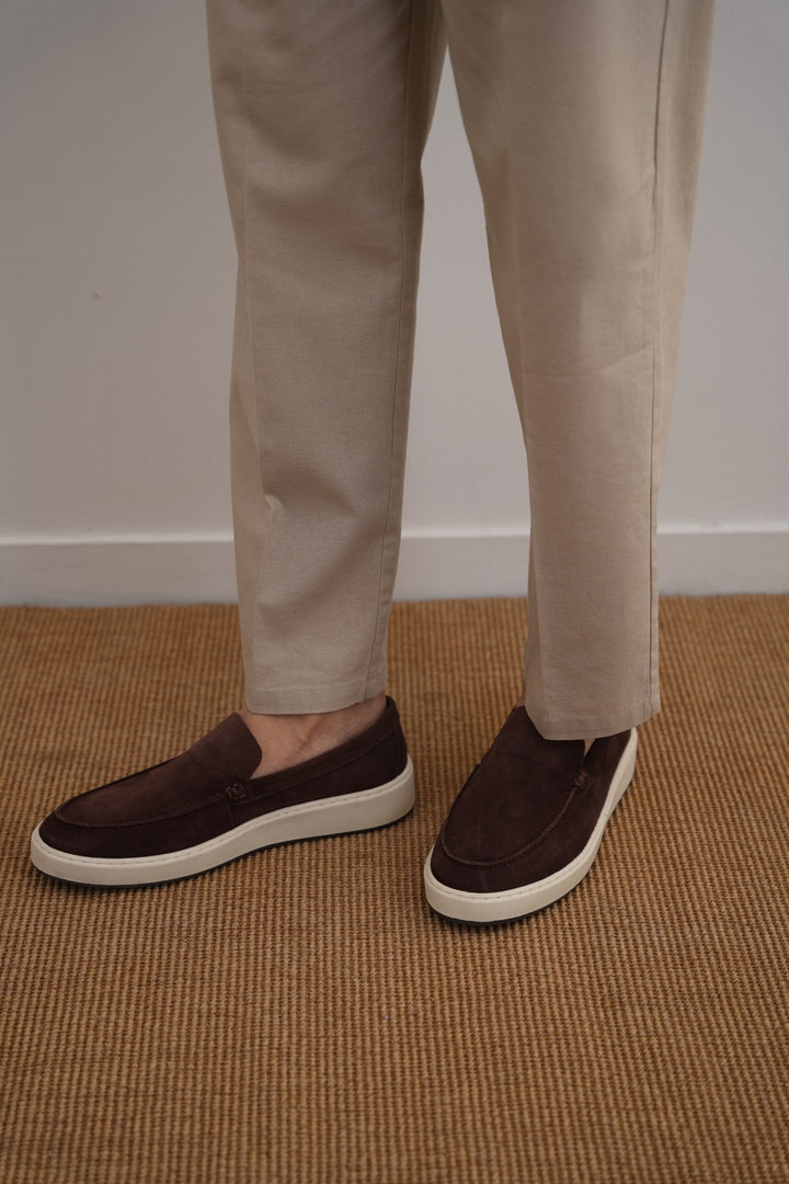 COFFEE SUEDE LEATHER SLIP ON LOAFERS