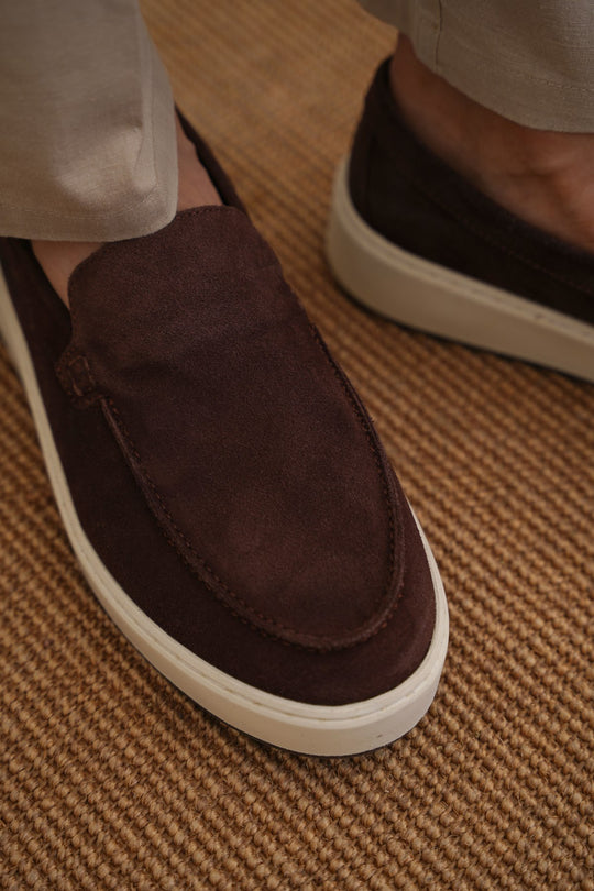 COFFEE SUEDE LEATHER SLIP ON LOAFERS