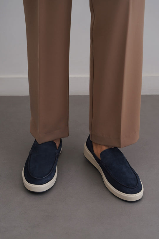 NAVY SUEDE LEATHER SLIP ON LOAFERS