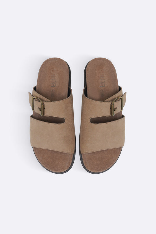 TAUPE CLASSIC LEATHER SLIDES