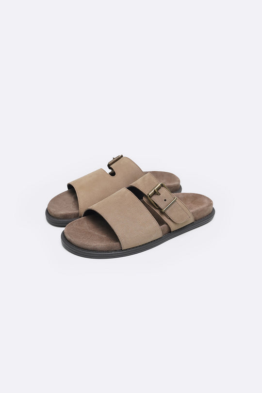TAUPE CLASSIC LEATHER SLIDES