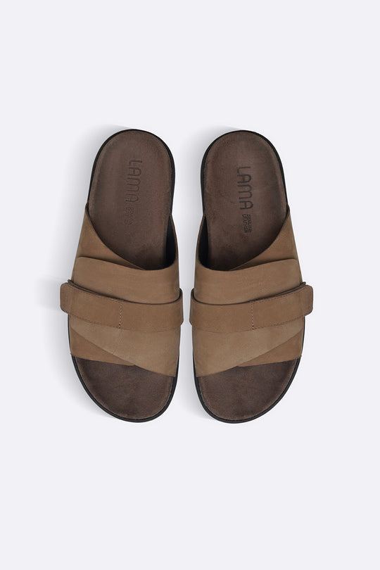 TAUPE CLASSIC LEATHER SLIDES