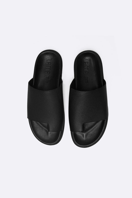 BLACK TOE LOOP LEATHER SLIDE