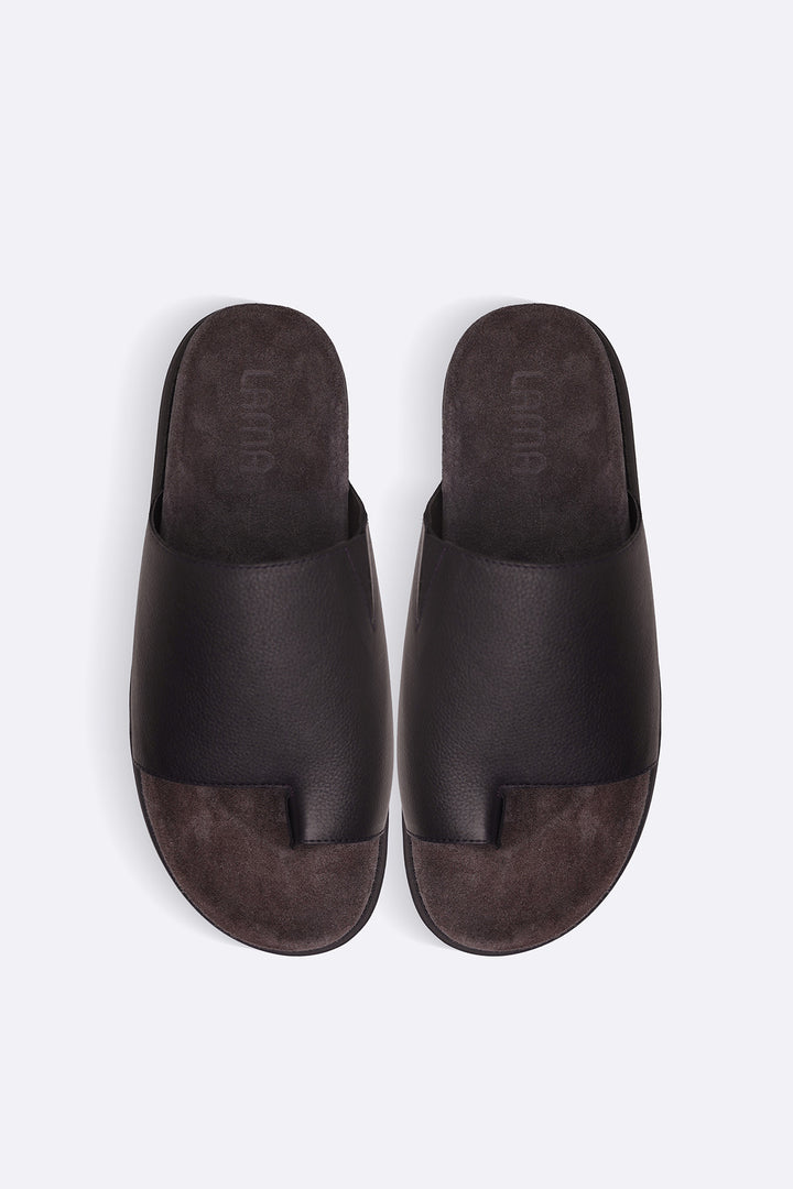 BROWN TOE LOOP LEATHER SLIDE