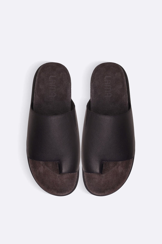 BROWN TOE LOOP LEATHER SLIDE