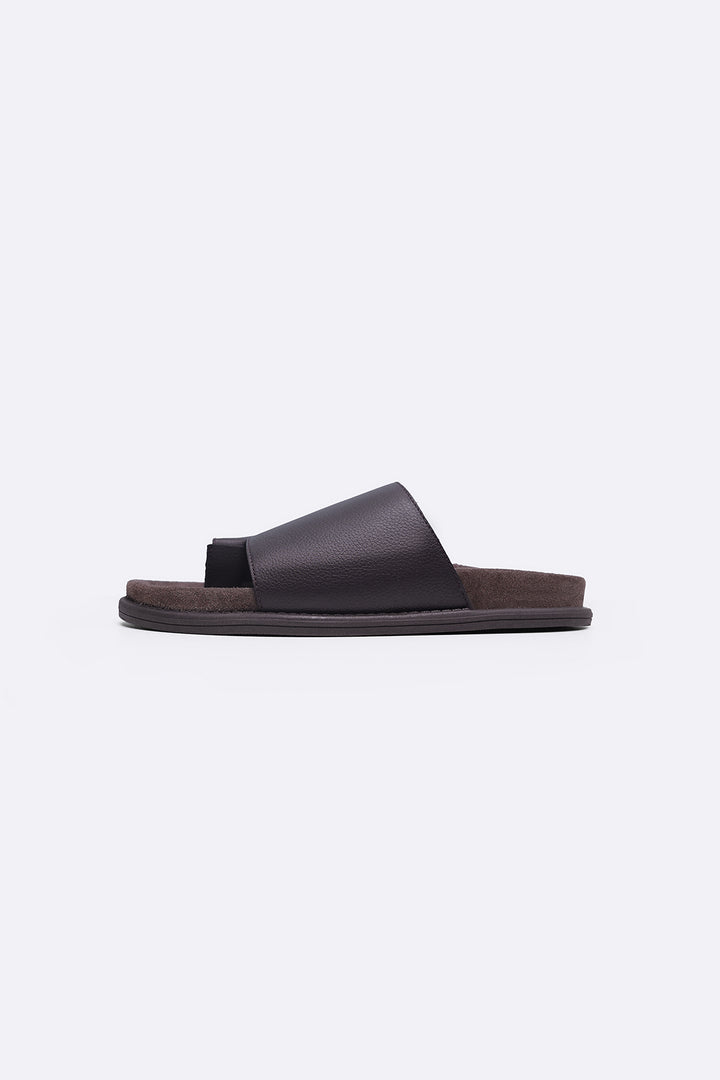 BROWN TOE LOOP LEATHER SLIDE