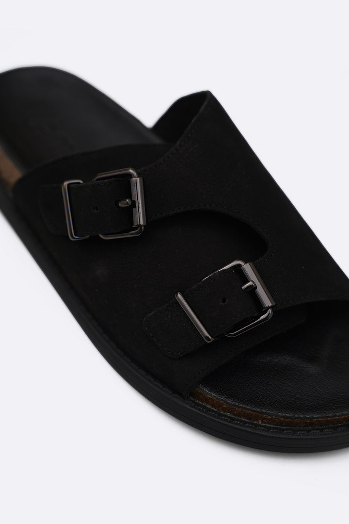 BLACK VANTA LEATHER SLIDES