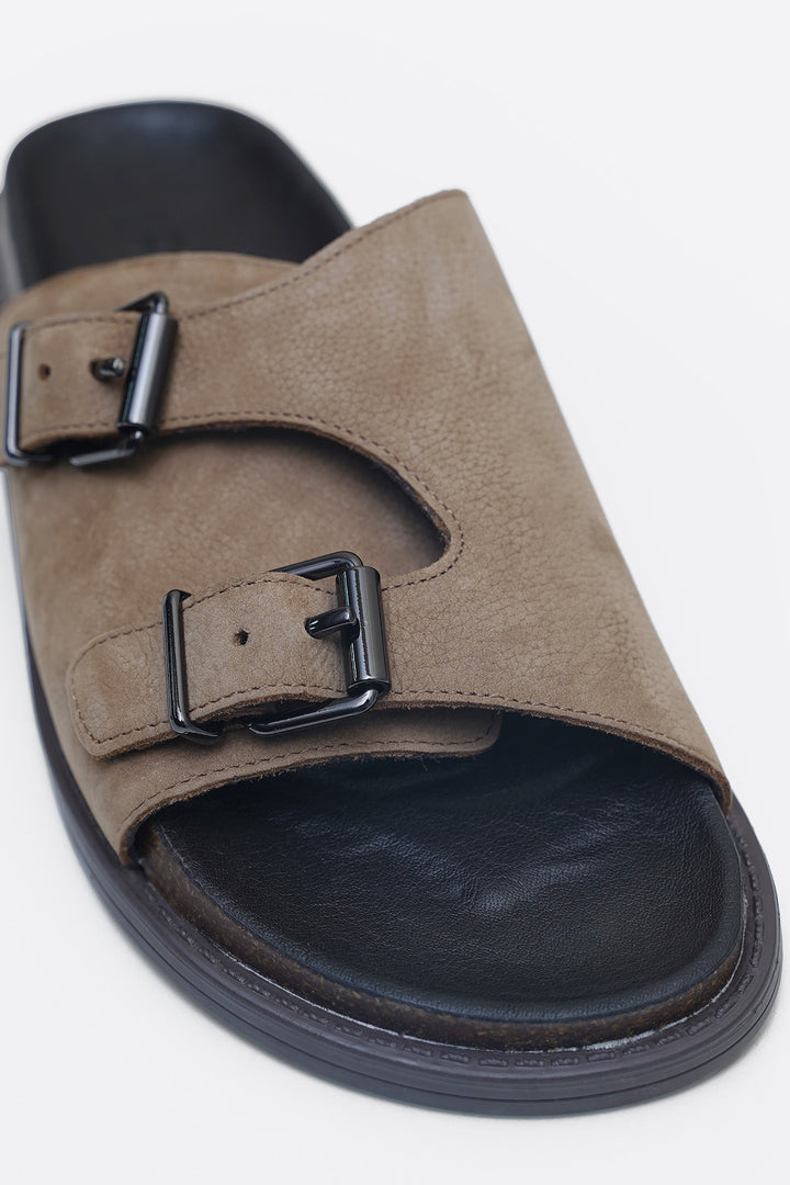 TAUPE VANTA LEATHER SLIDES
