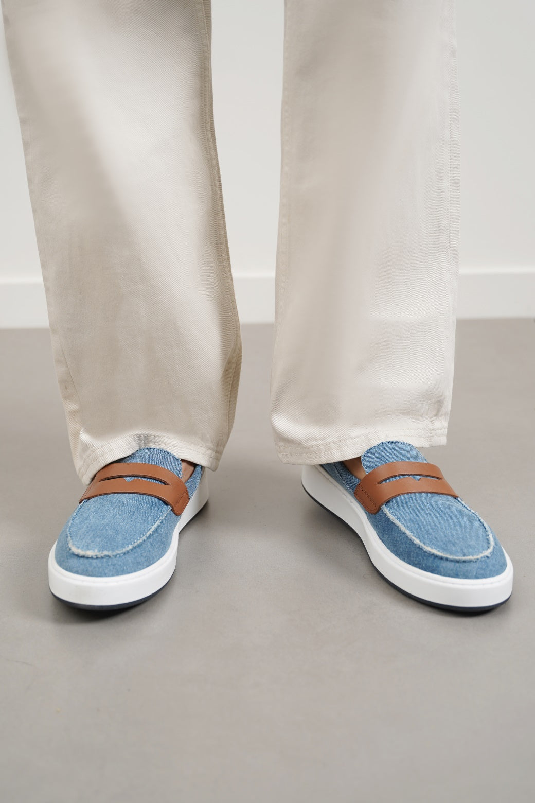 MID BLUE FRAYED DENIM LOAFERS