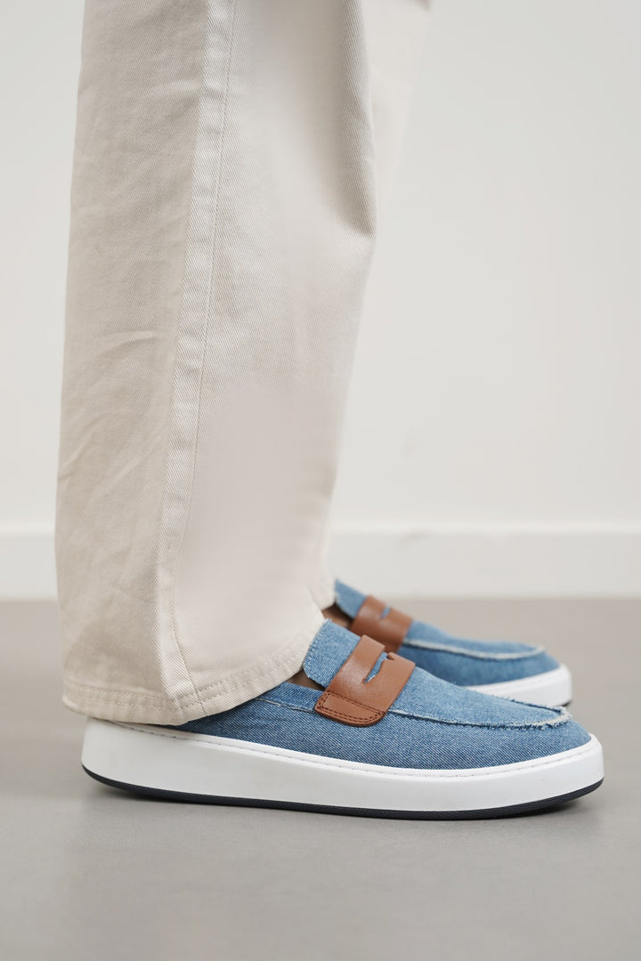 MID BLUE FRAYED DENIM LOAFERS