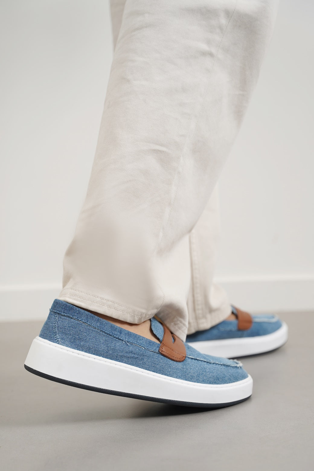 MID BLUE FRAYED DENIM LOAFERS