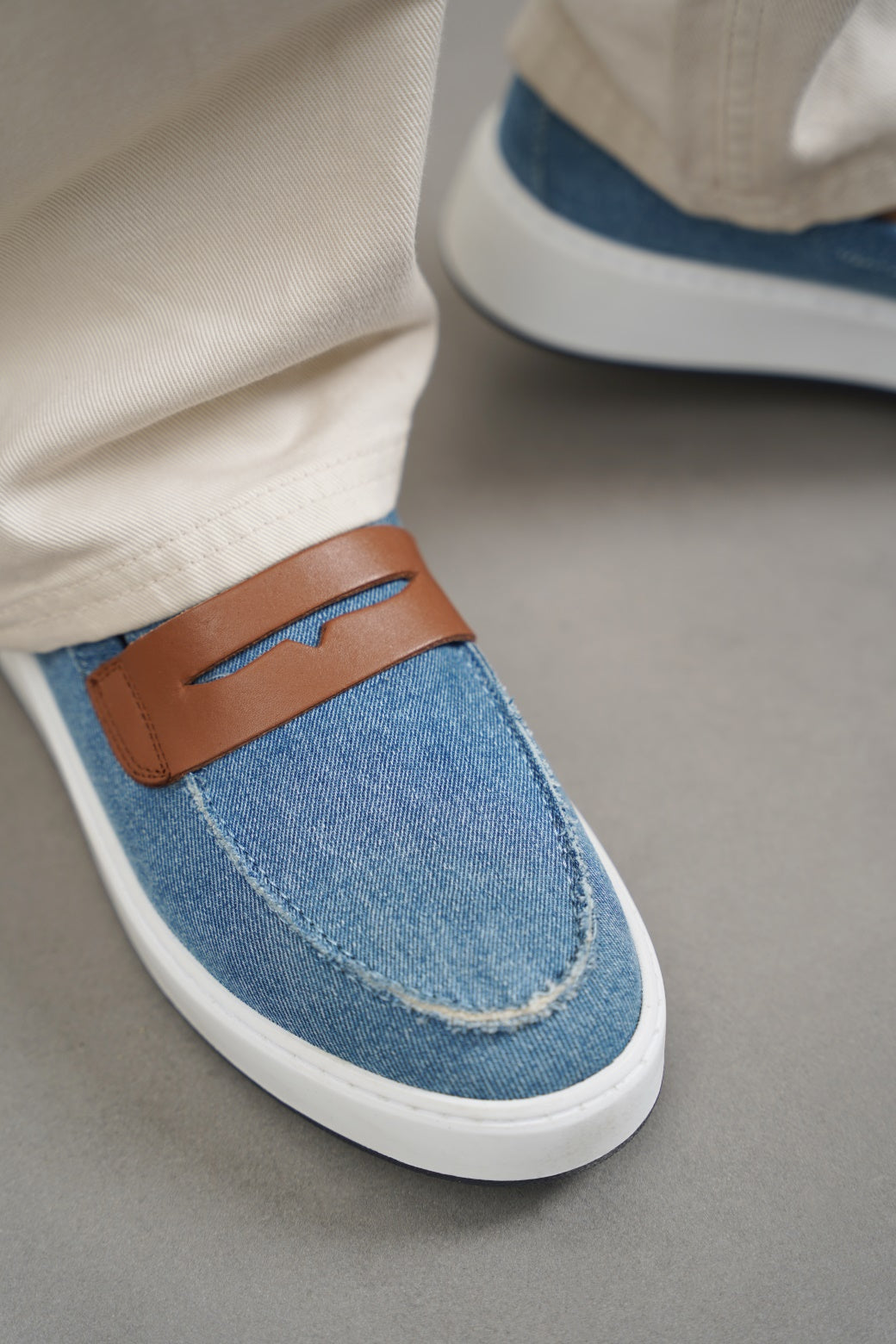 MID BLUE FRAYED DENIM LOAFERS