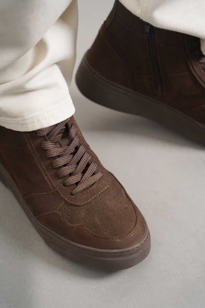 DARK BROWN HIGH-TOP LEATHER SNEAKERS