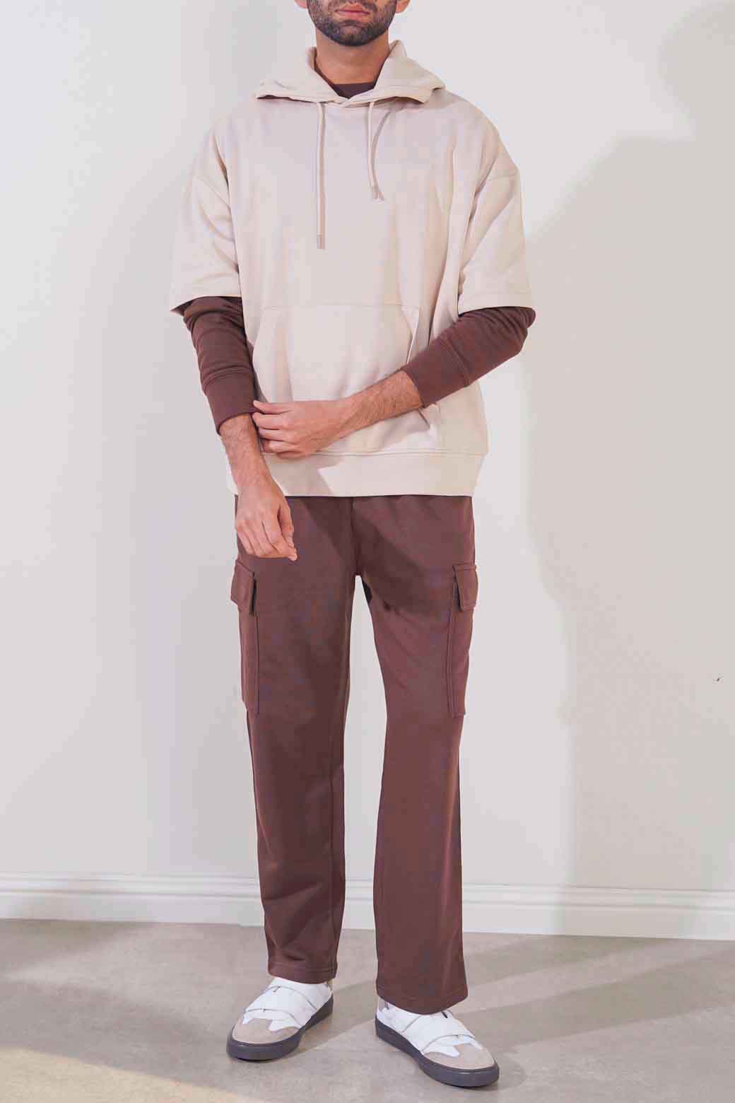BEIGE SHORT SLEEVE HOODIE