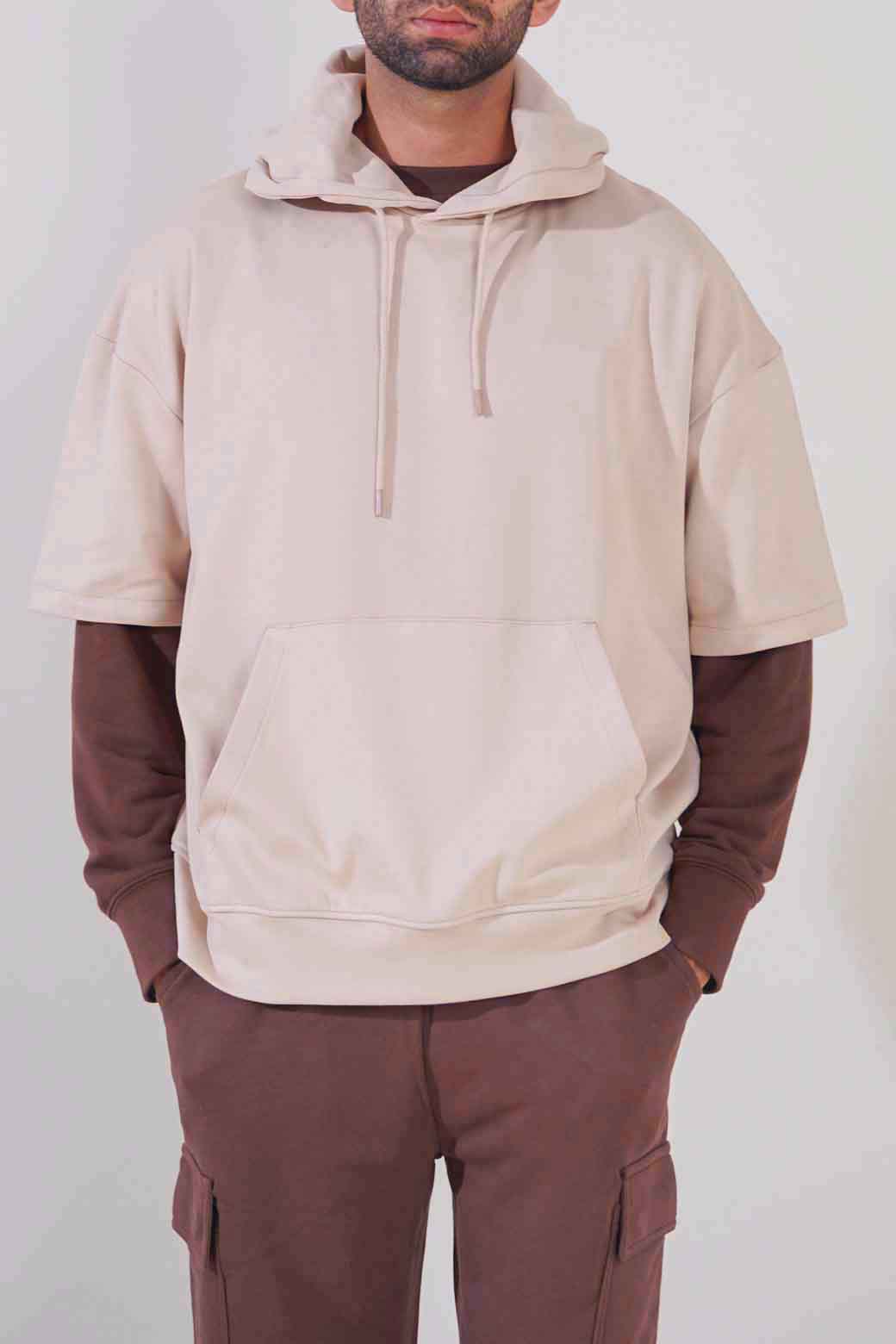 BEIGE SHORT SLEEVE HOODIE