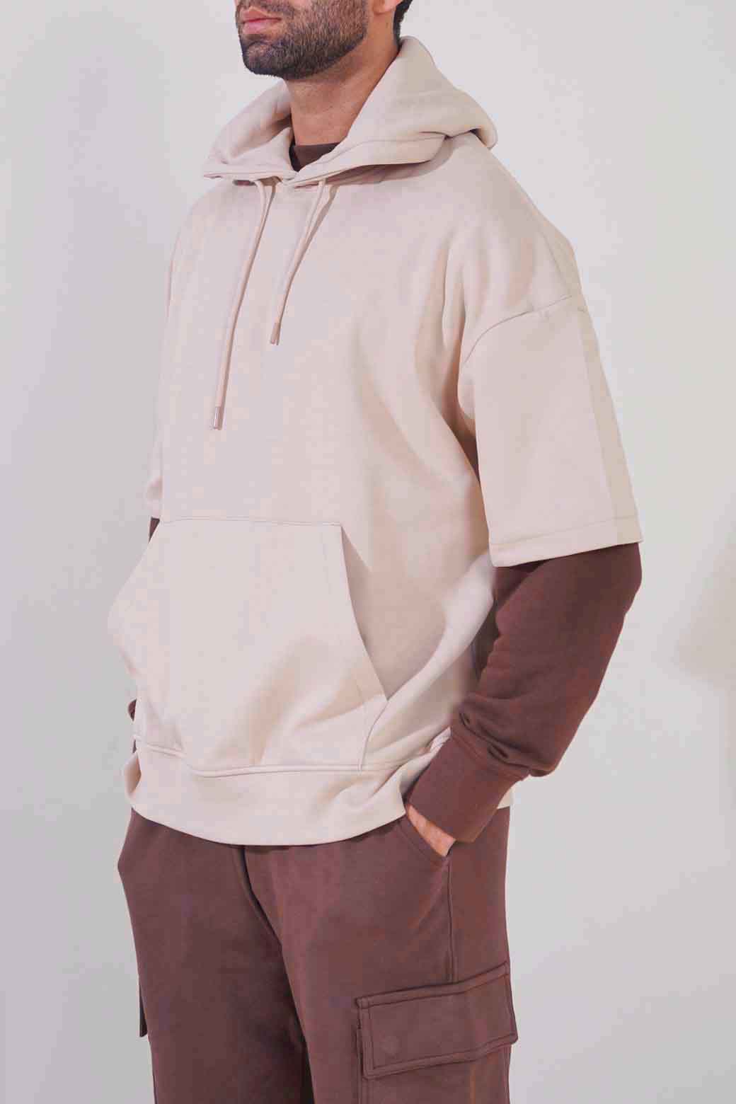BEIGE SHORT SLEEVE HOODIE