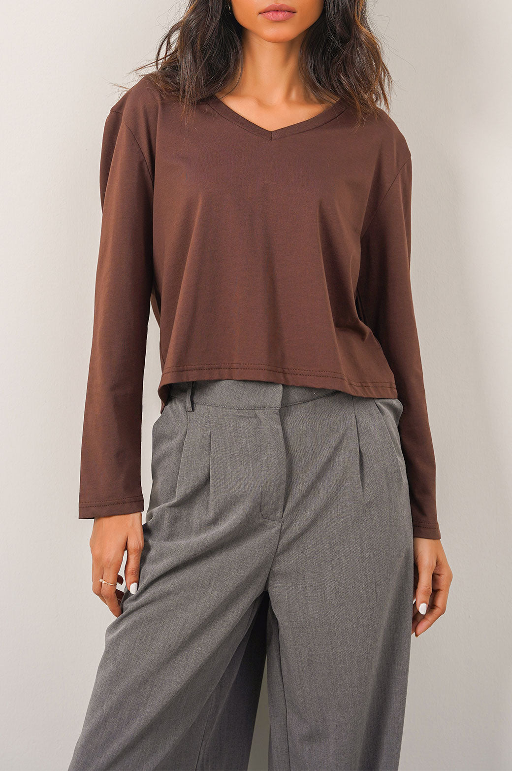 BROWN CASUAL V-NECK T-SHIRT