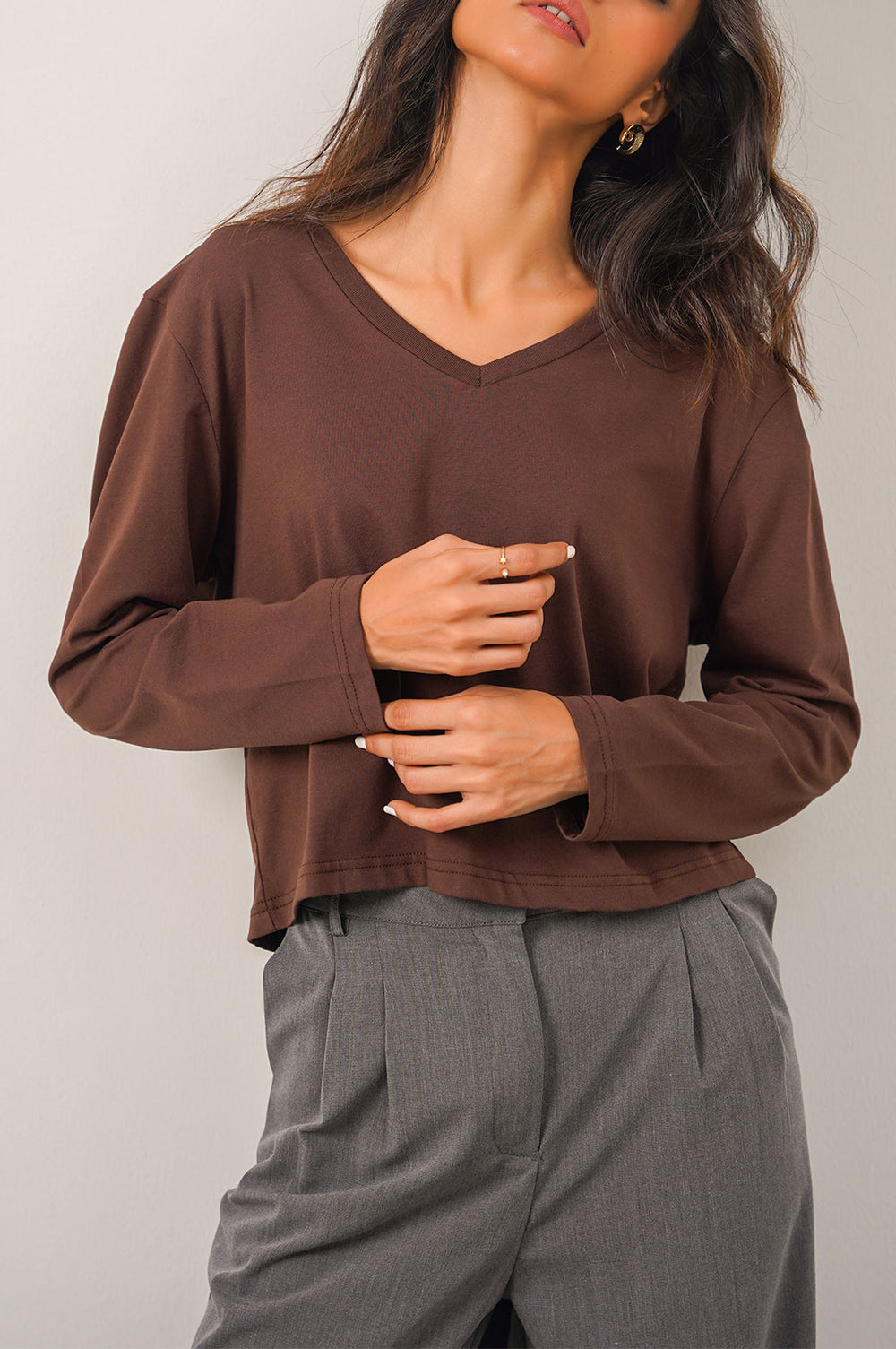 BROWN CASUAL V-NECK T-SHIRT