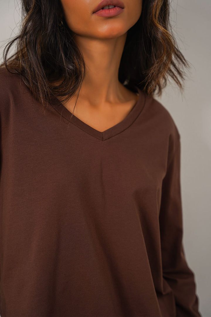 BROWN CASUAL V-NECK T-SHIRT