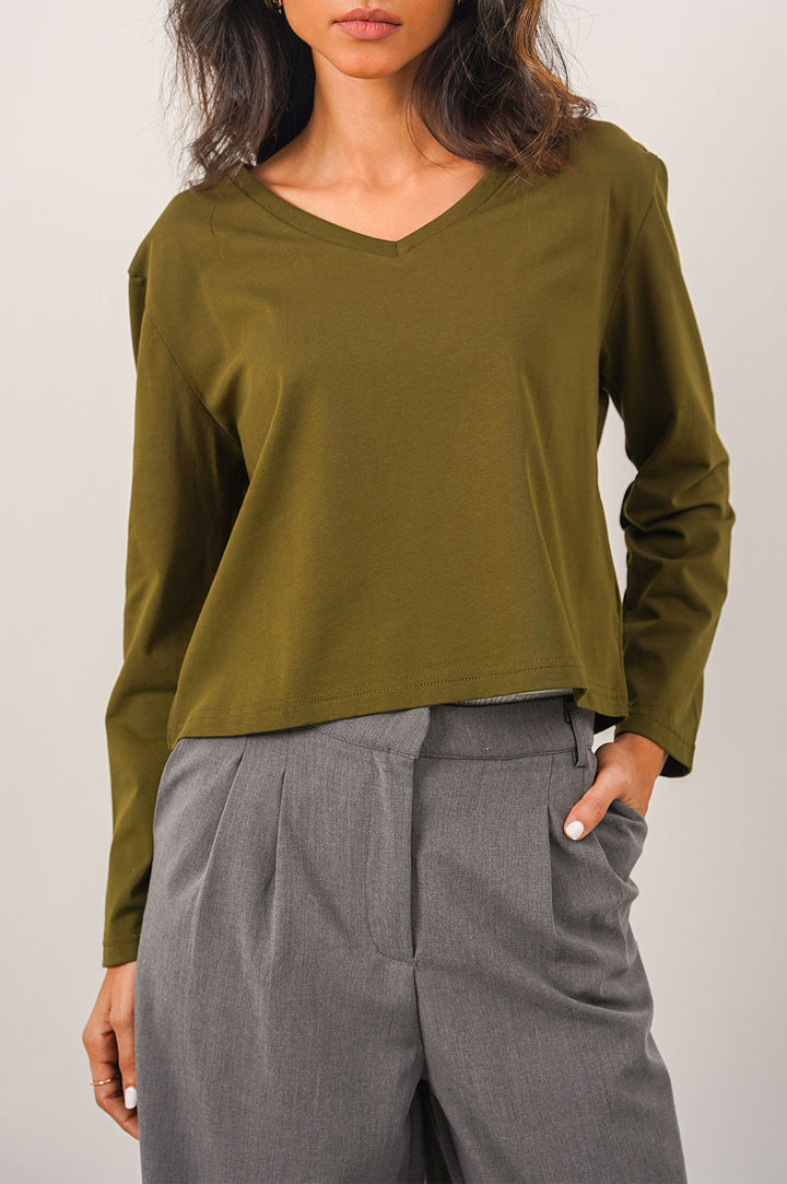 OLIVE CASUAL V-NECK T-SHIRT