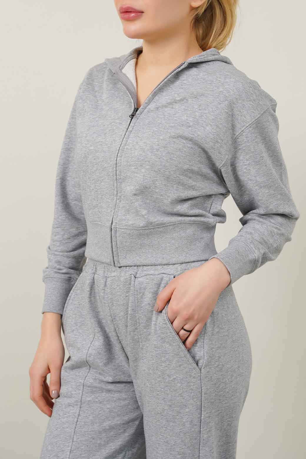HEATHER GREY CROPPED ZIPPER HOODIE