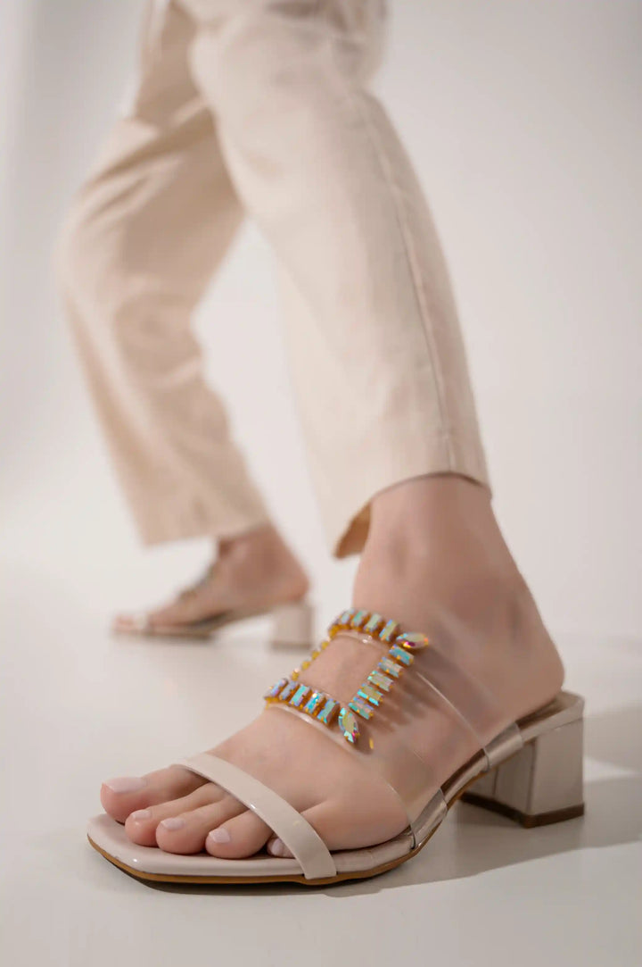 BEIGE CRYSTAL BLOCK HEEL