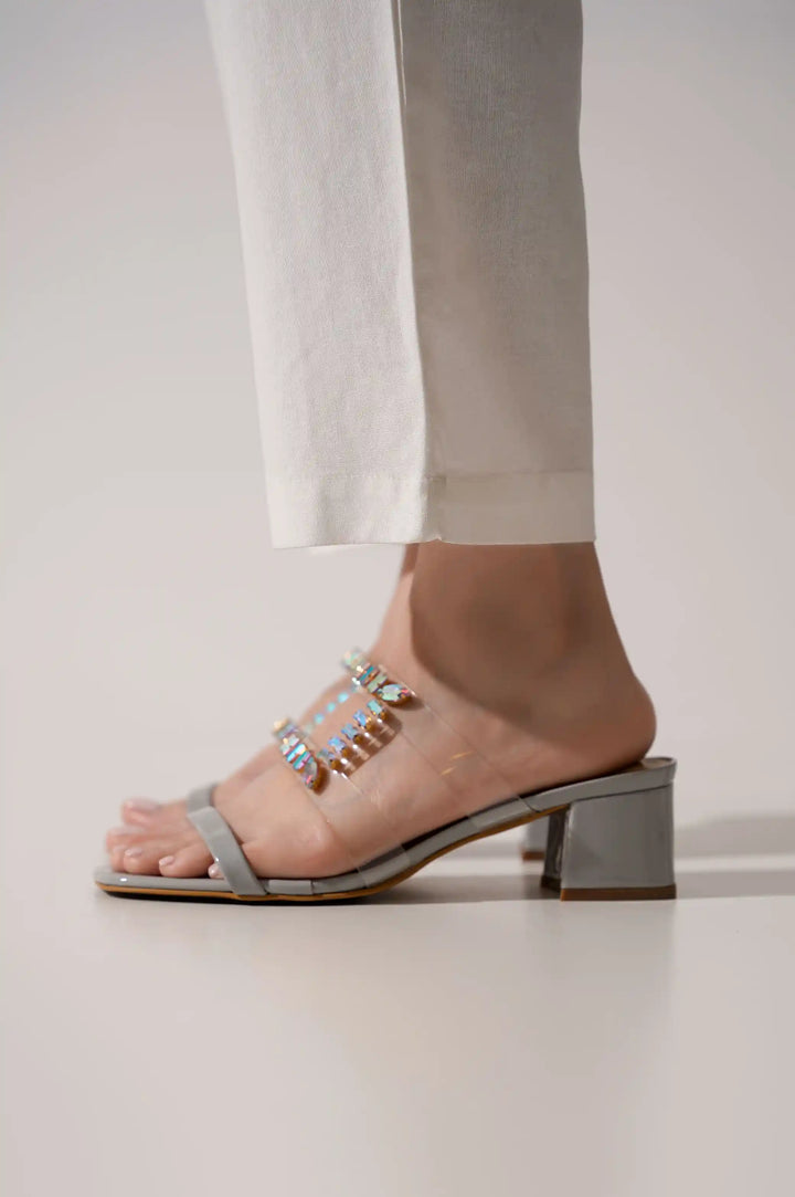 LIGHT GREY CRYSTAL BLOCK HEEL
