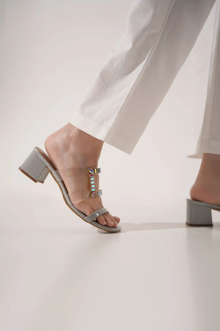LIGHT GREY CRYSTAL BLOCK HEEL