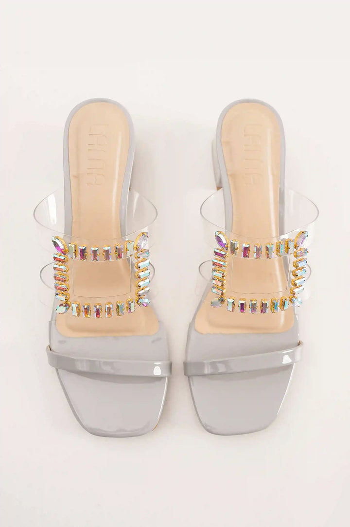 LIGHT GREY CRYSTAL BLOCK HEEL