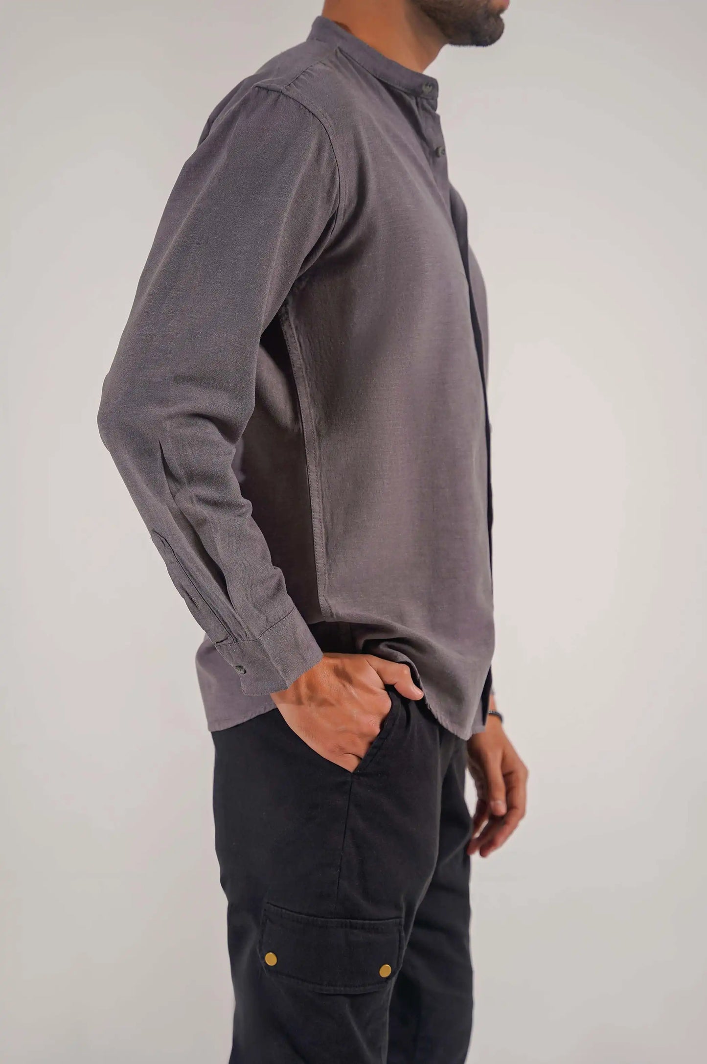 Grey Button Down Shirt with Mandarin Collar