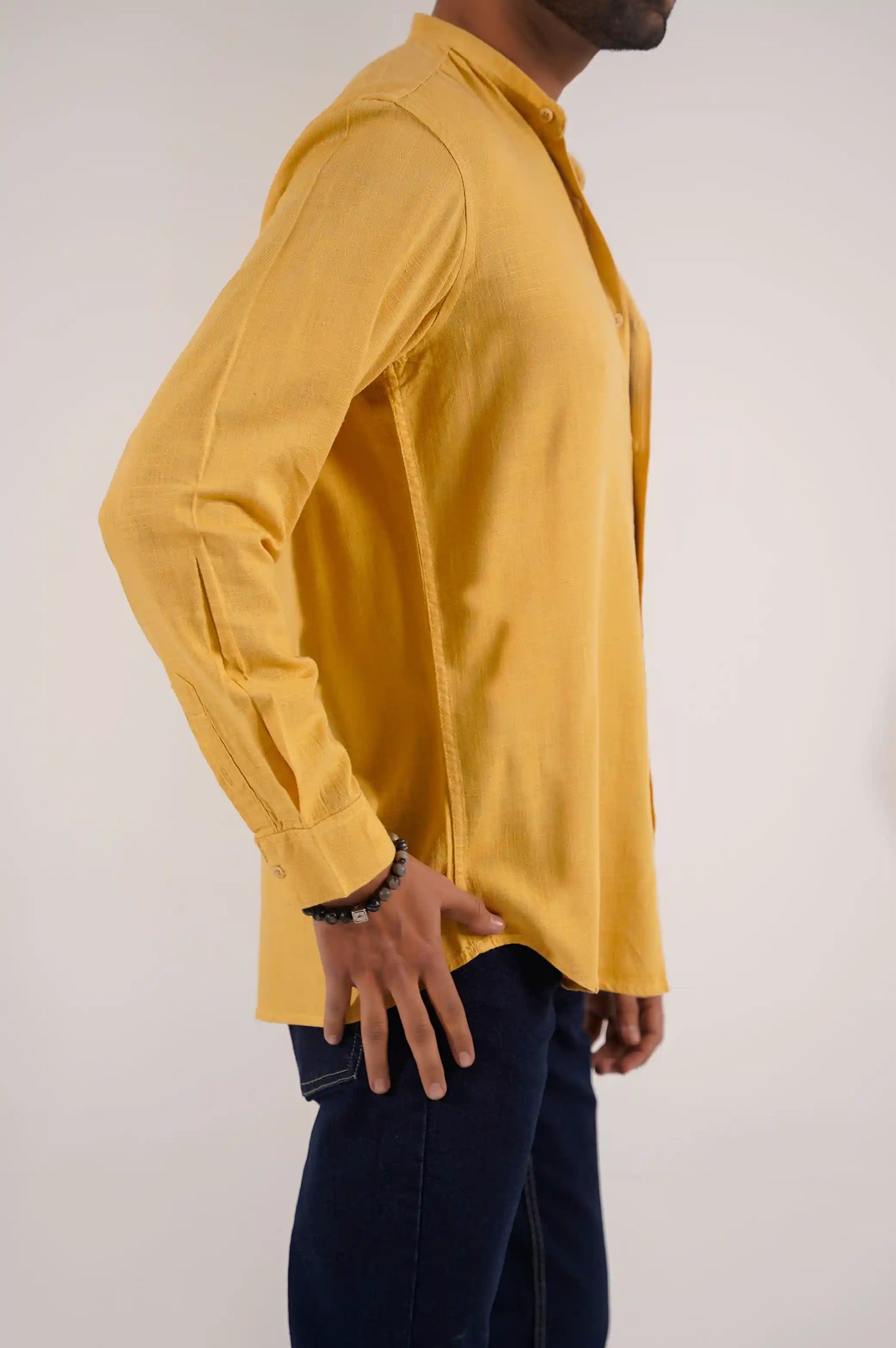 Mustard Button Down Shirt with Mandarin Collar