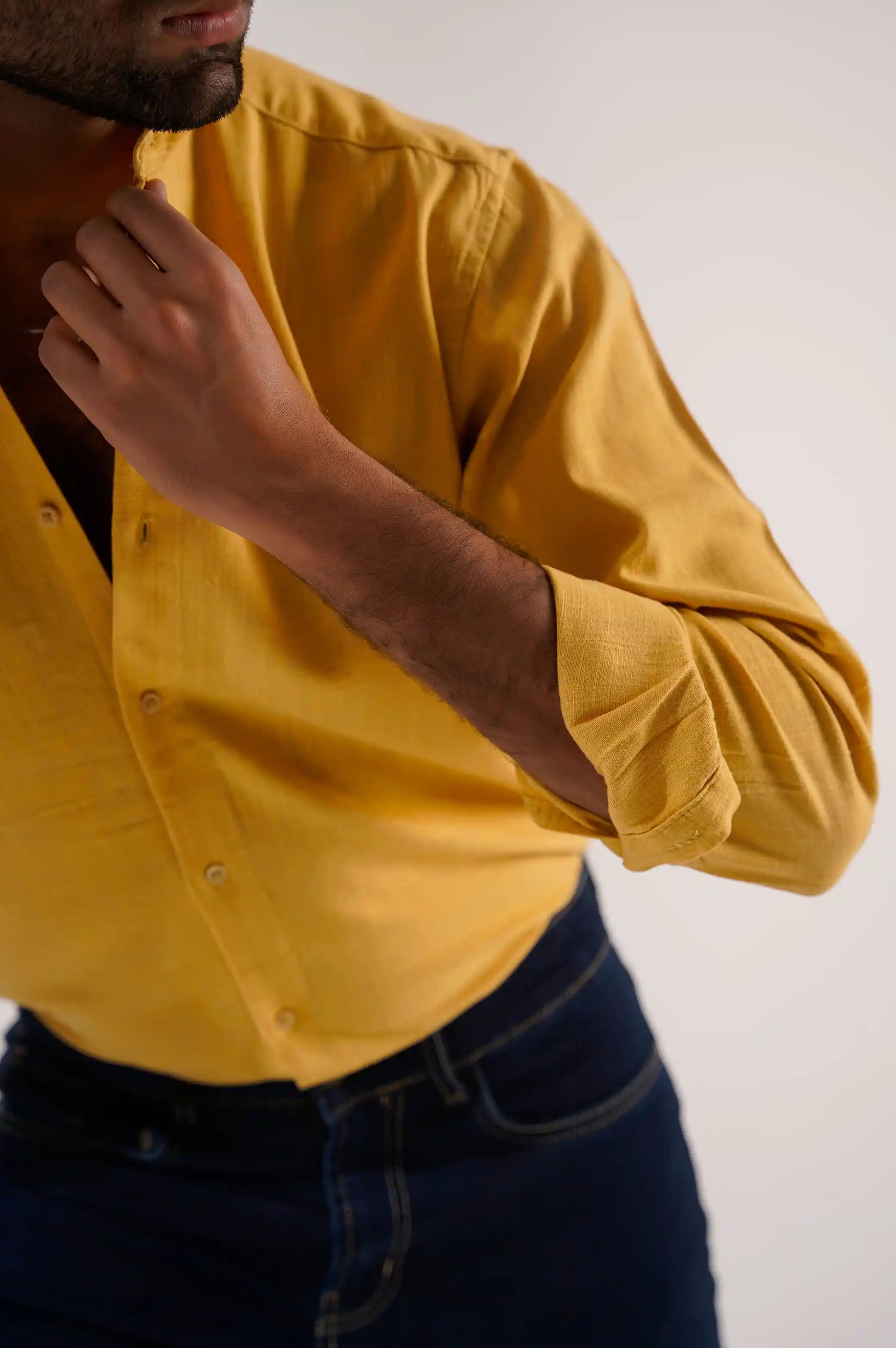 Mustard Button Down Shirt with Mandarin Collar