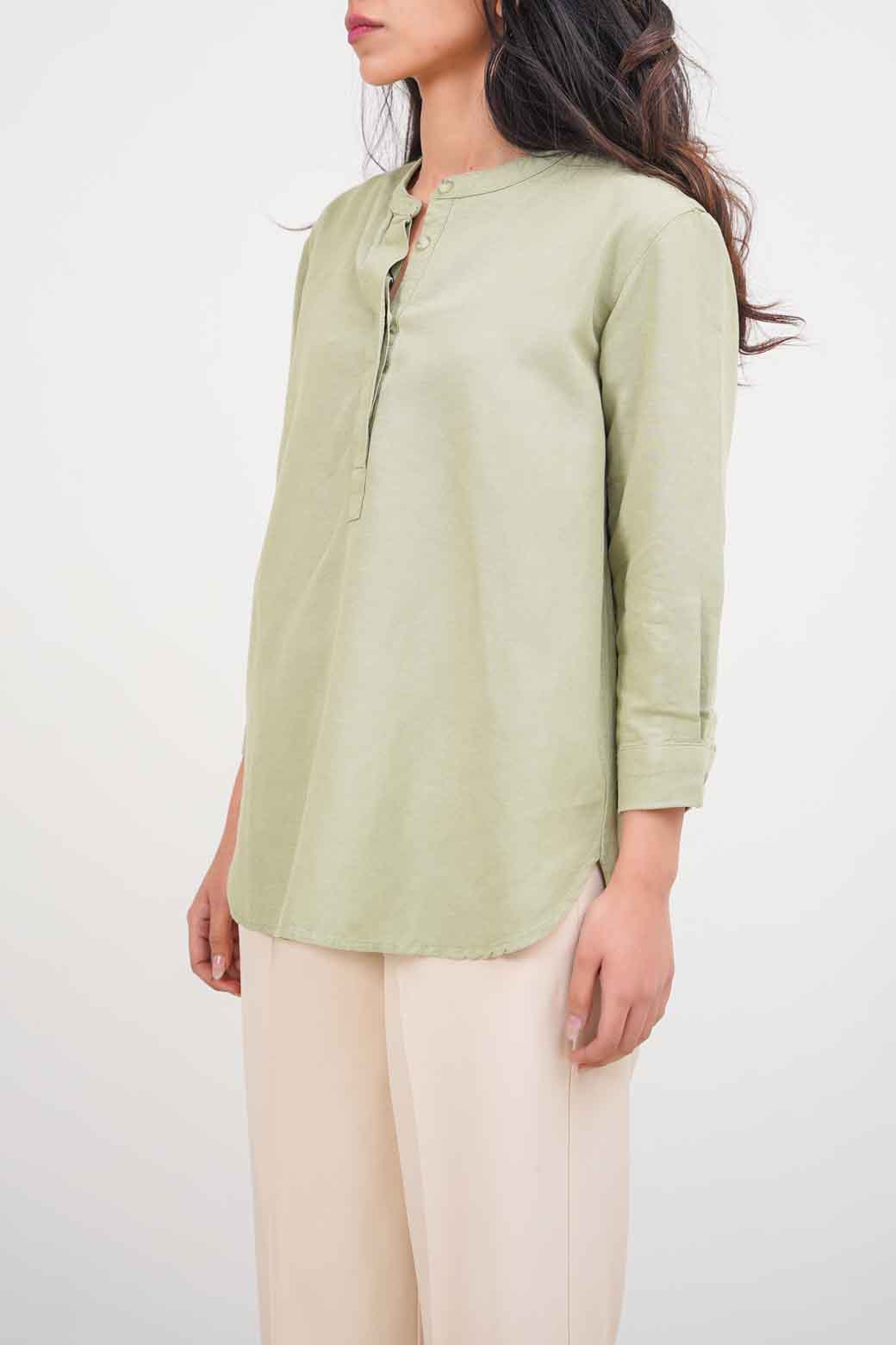 GREEN BAND COLLAR SHIRT