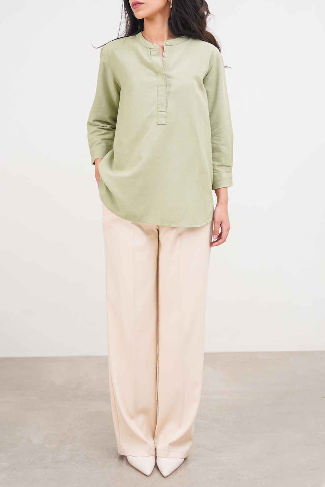 GREEN BAND COLLAR SHIRT