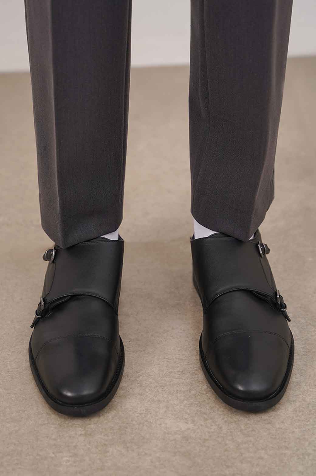 BLACK DOUBLE MONK LEATHER SHOES