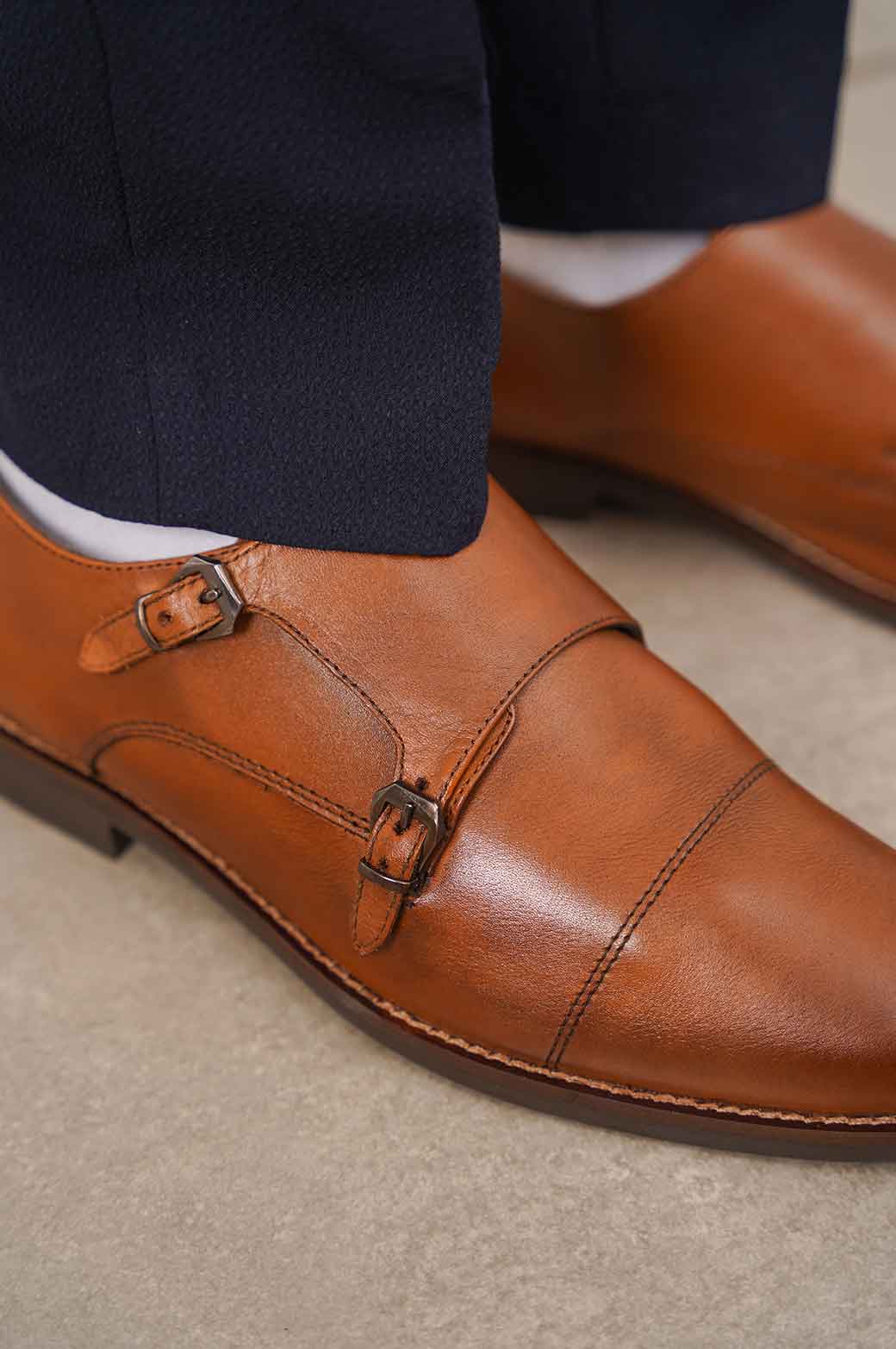 TAN DOUBLE MONK LEATHER SHOES