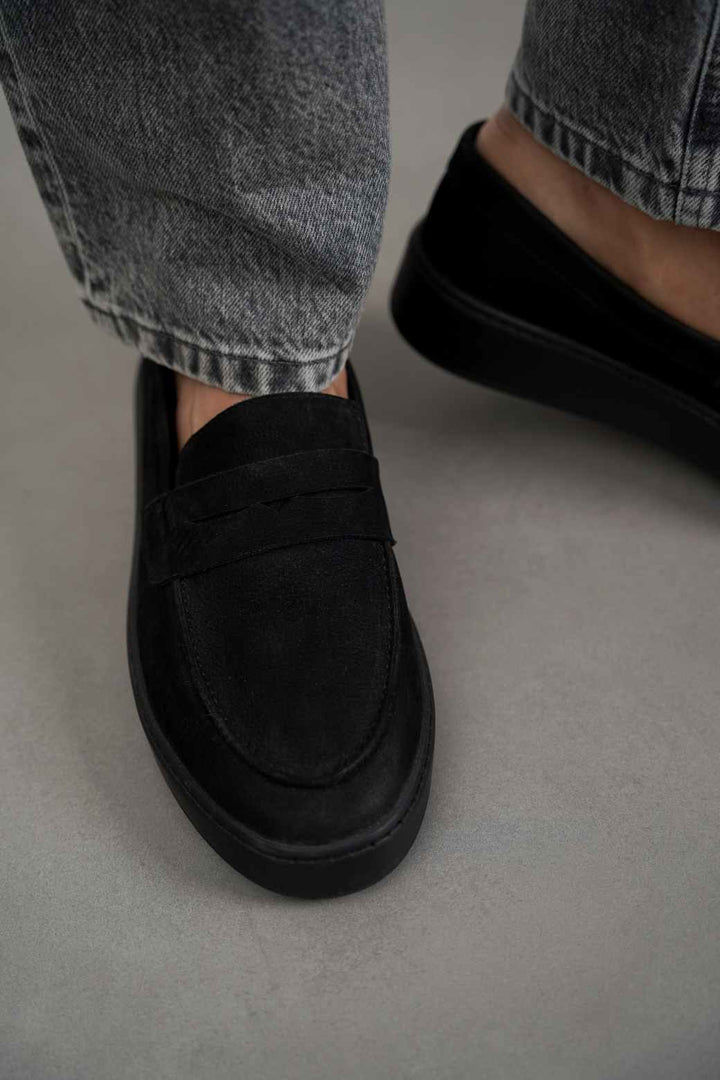 ALL BLACK SUEDE PENNY LOAFERS