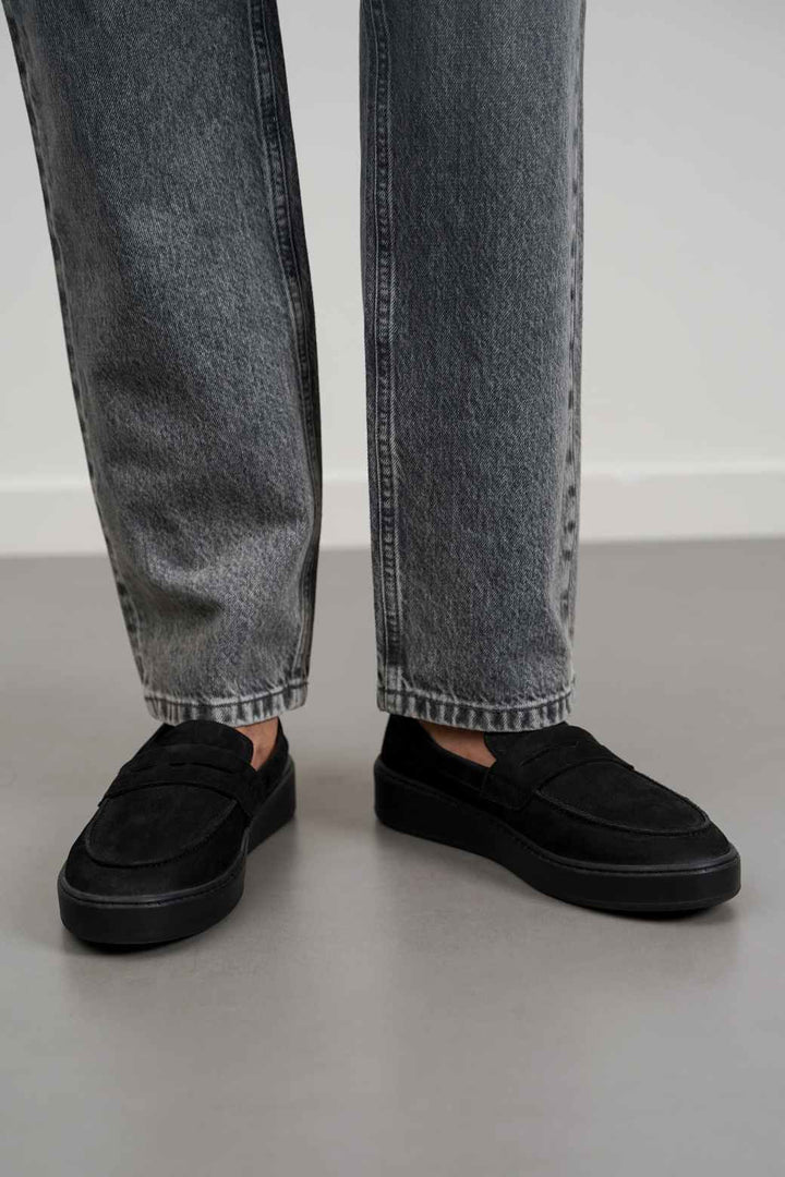 ALL BLACK SUEDE PENNY LOAFERS