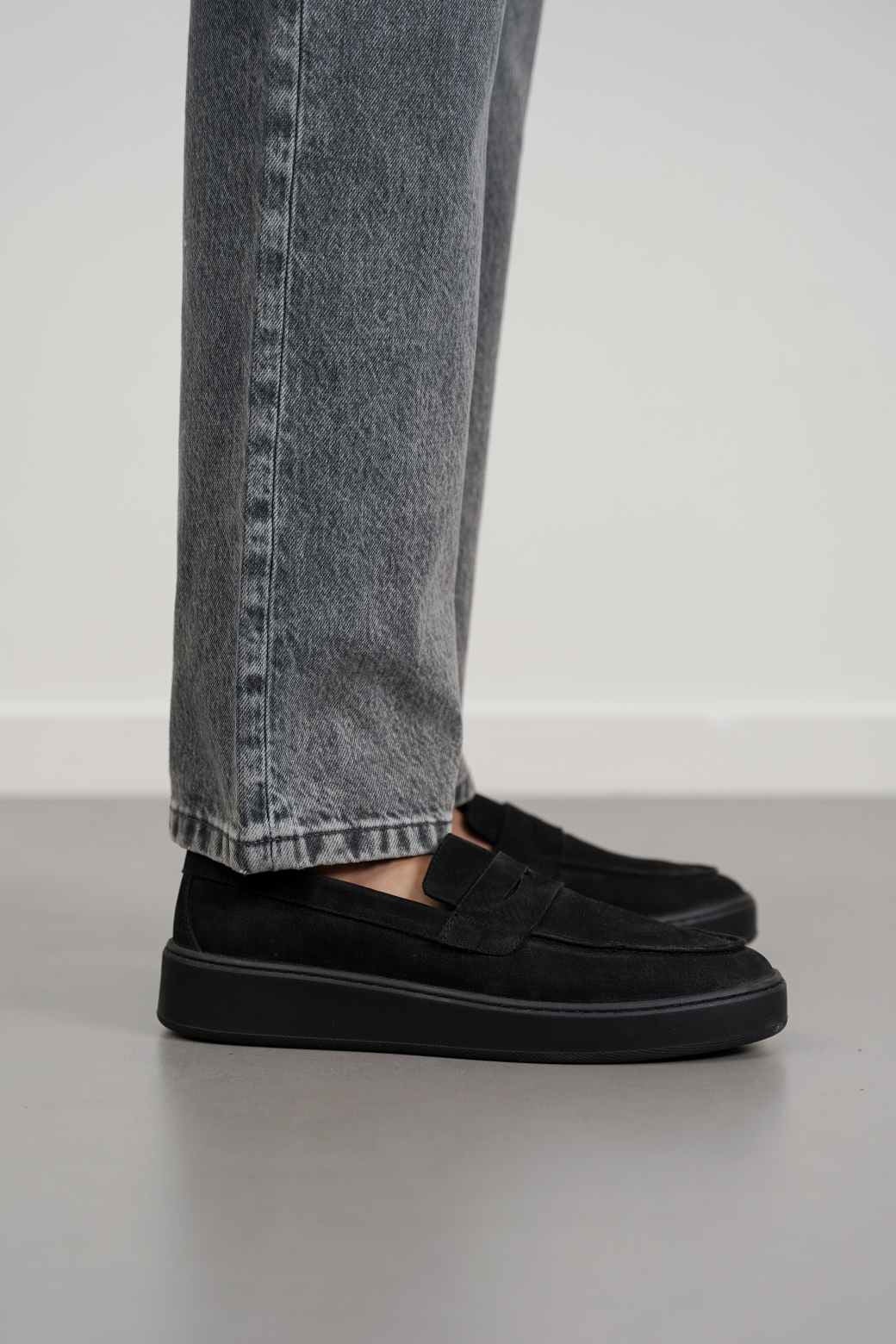 ALL BLACK SUEDE PENNY LOAFERS