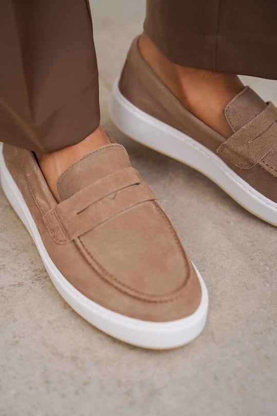 TAUPE SUEDE PENNY LOAFERS