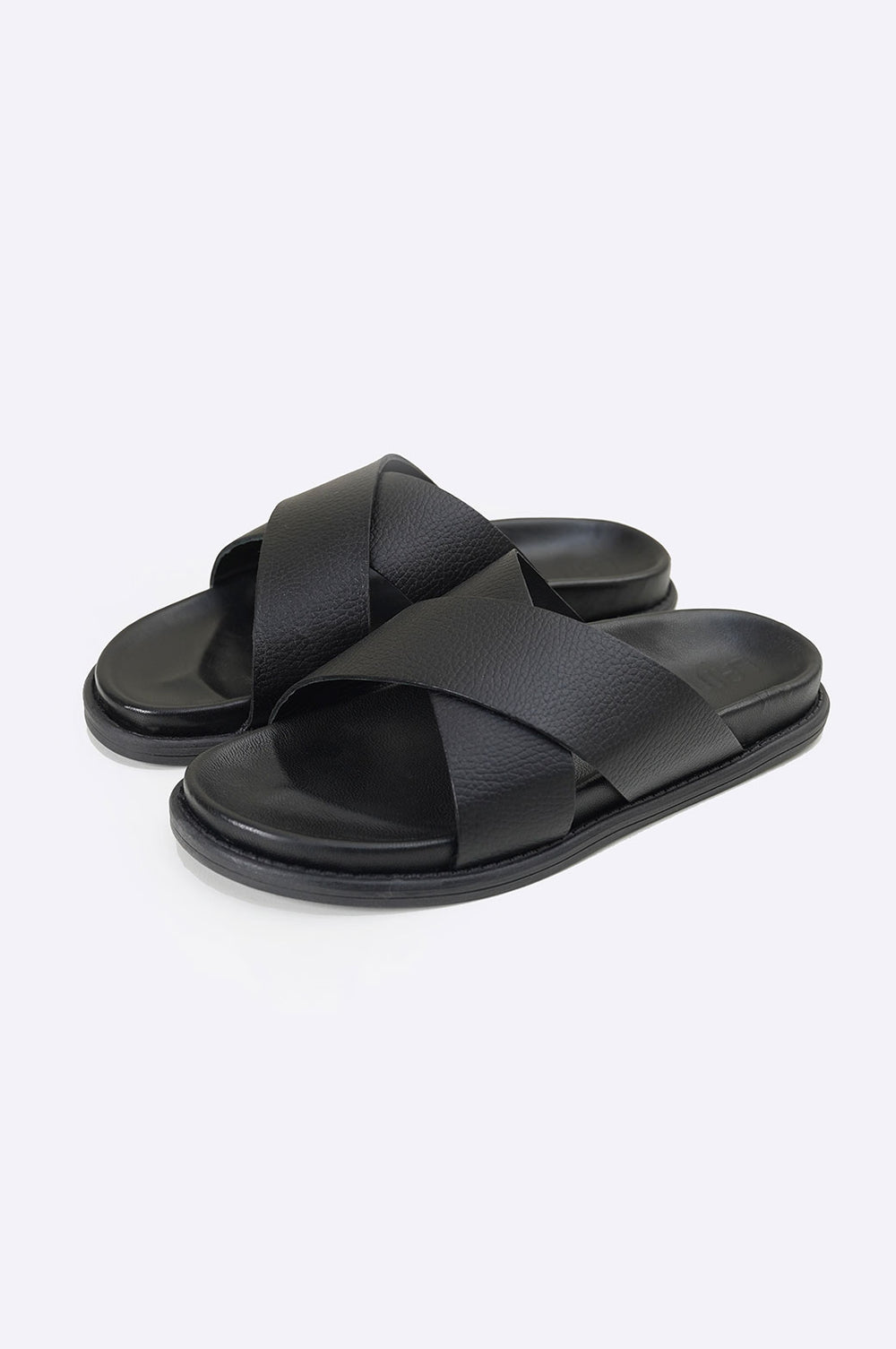 BLACK CROSSOVER LEATHER SLIPPERS