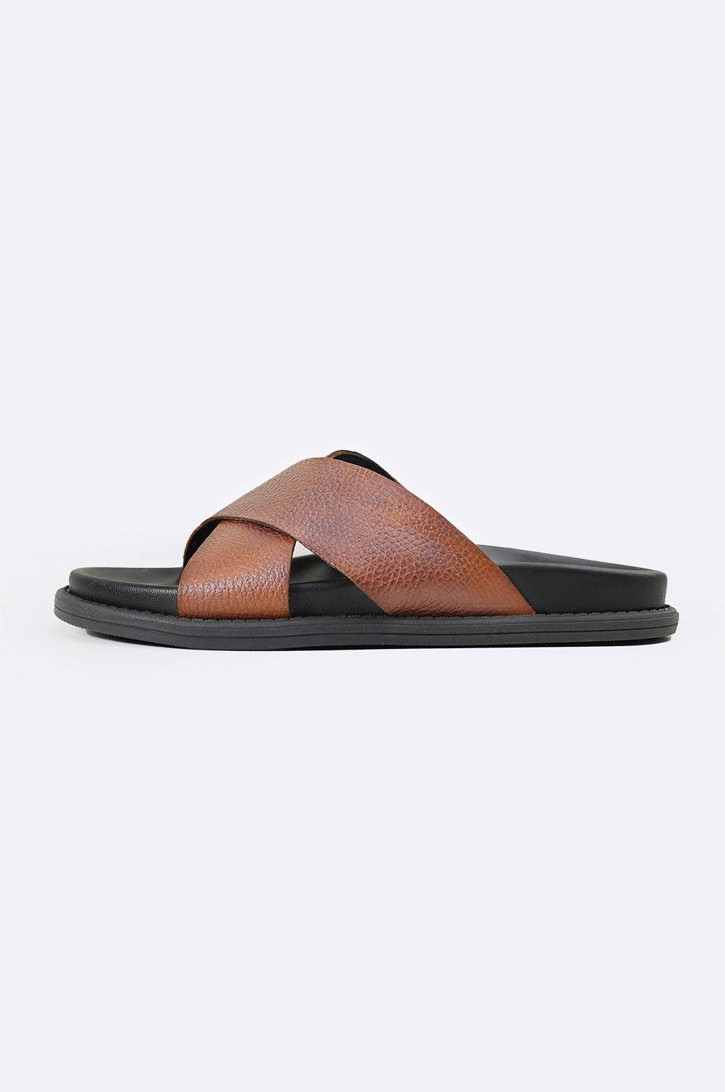 CROSSOVER LEATHER SLIPPERS-COGNAC