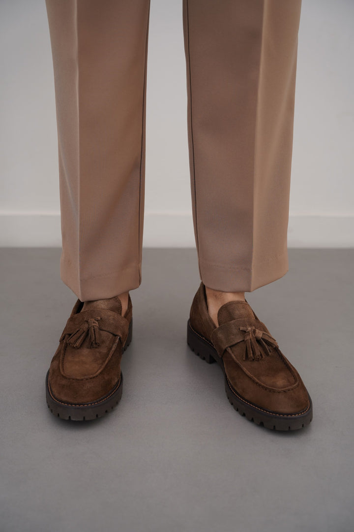 COFFEE SUEDE TASSEL LOAFERS