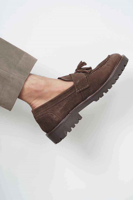 COFFEE SUEDE TASSEL LOAFERS