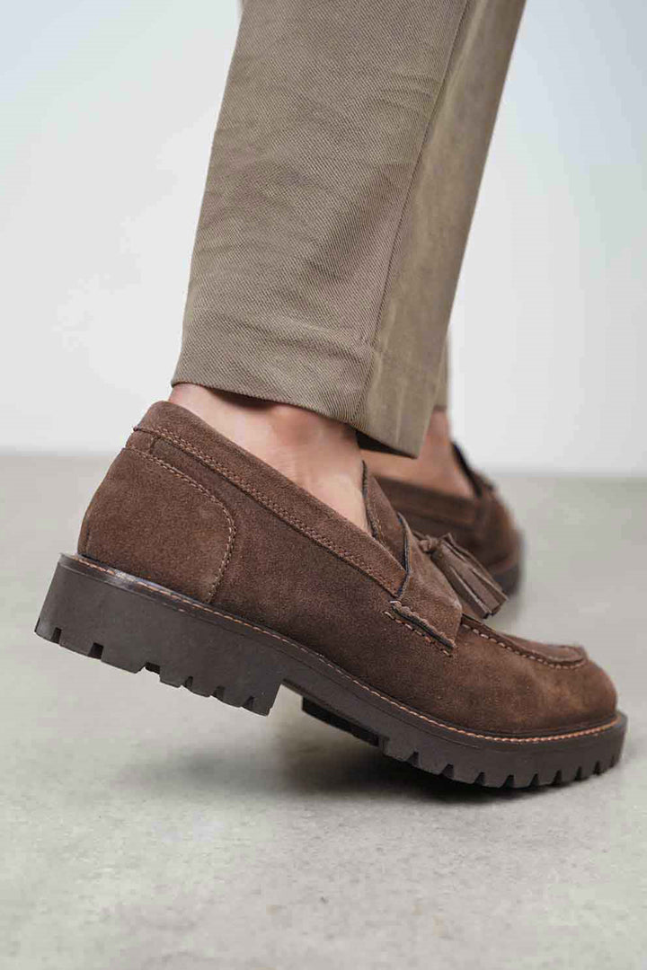 COFFEE SUEDE TASSEL LOAFERS