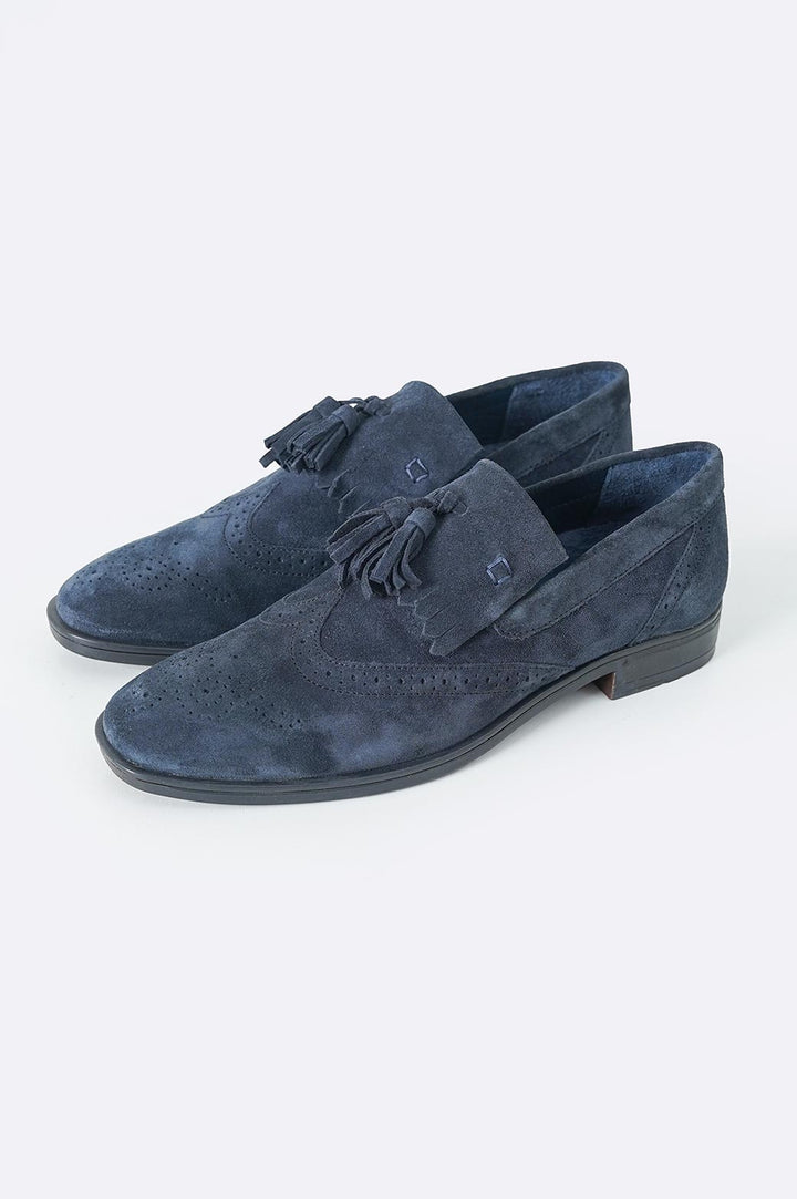 NAVY BROUGE LEATHER LOAFERS