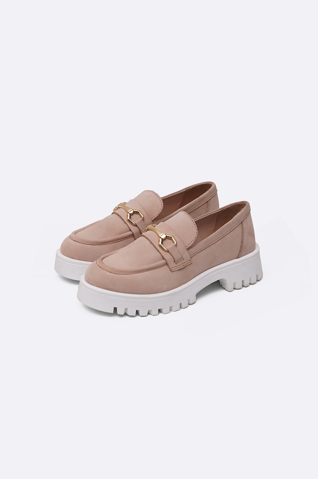 NUDE BUCKLED LEATHER LOAFERS