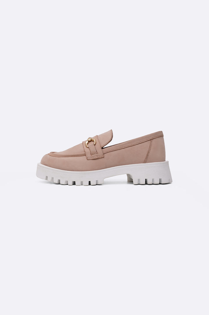 NUDE BUCKLED LEATHER LOAFERS