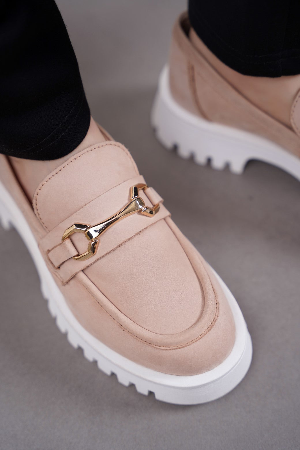 NUDE BUCKLED LEATHER LOAFERS