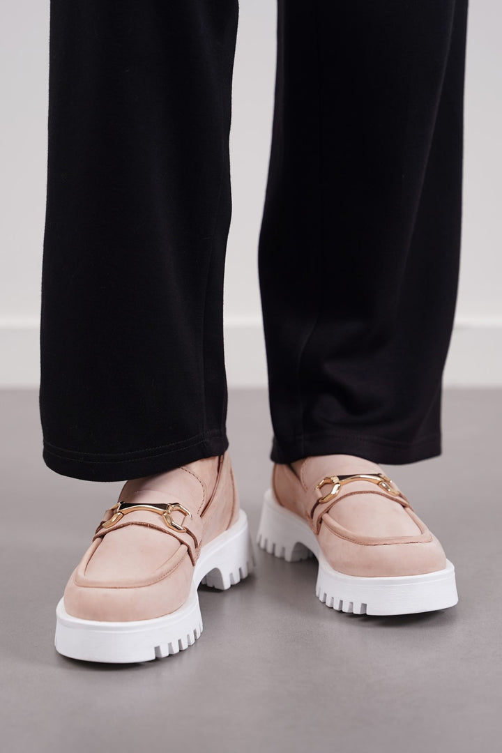 NUDE BUCKLED LEATHER LOAFERS